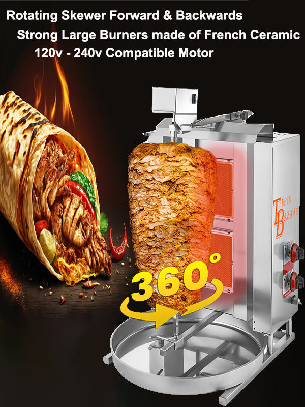 2-Burner Automatic Spinning Shawarma Machine - 24,000 BTU Tacos Al Pastor Spinning Griller for Doner Kebab, Gyros & Rotisserie Cooking