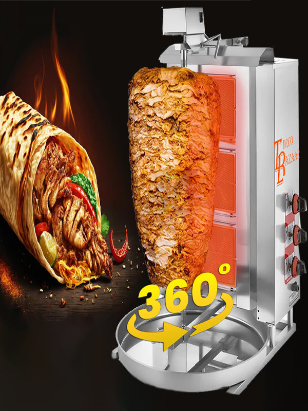 3-Burner Automatic Spinning Shawarma Machine - 35,000 BTU Spinning Griller for Doner Kebab, Gyros, Tacos Al Pastor & Rotisserie Cooking